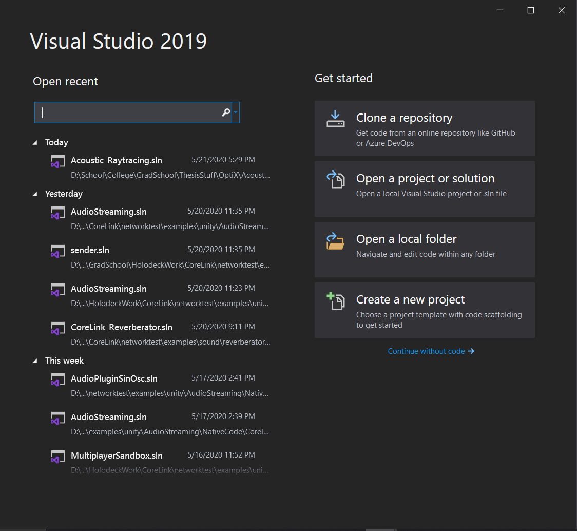 Visual Studio start screen