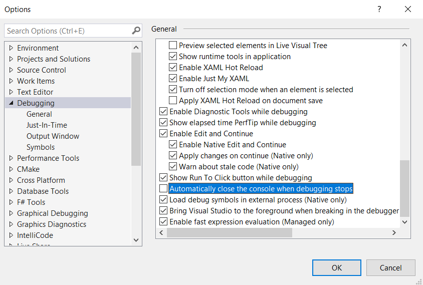 Tools --> Options --> Debugging --> Automatically close the console when debugging stops