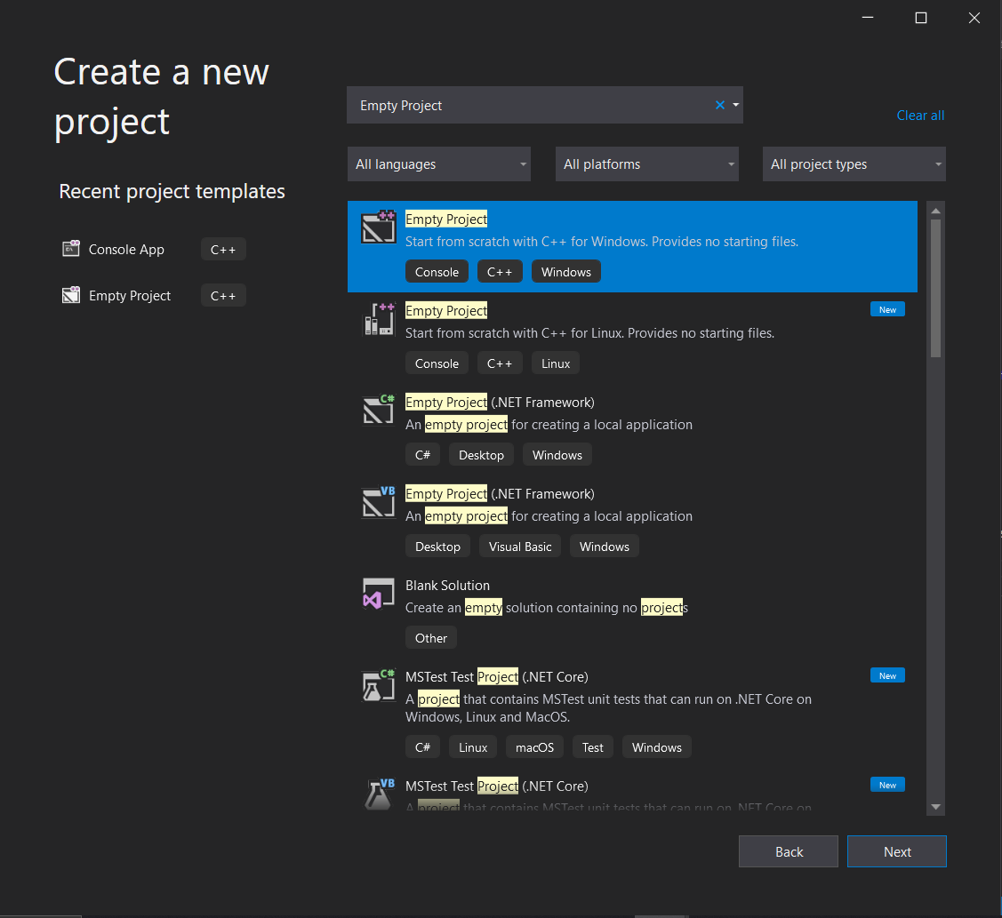 Visual Studio Empty Project Template selection